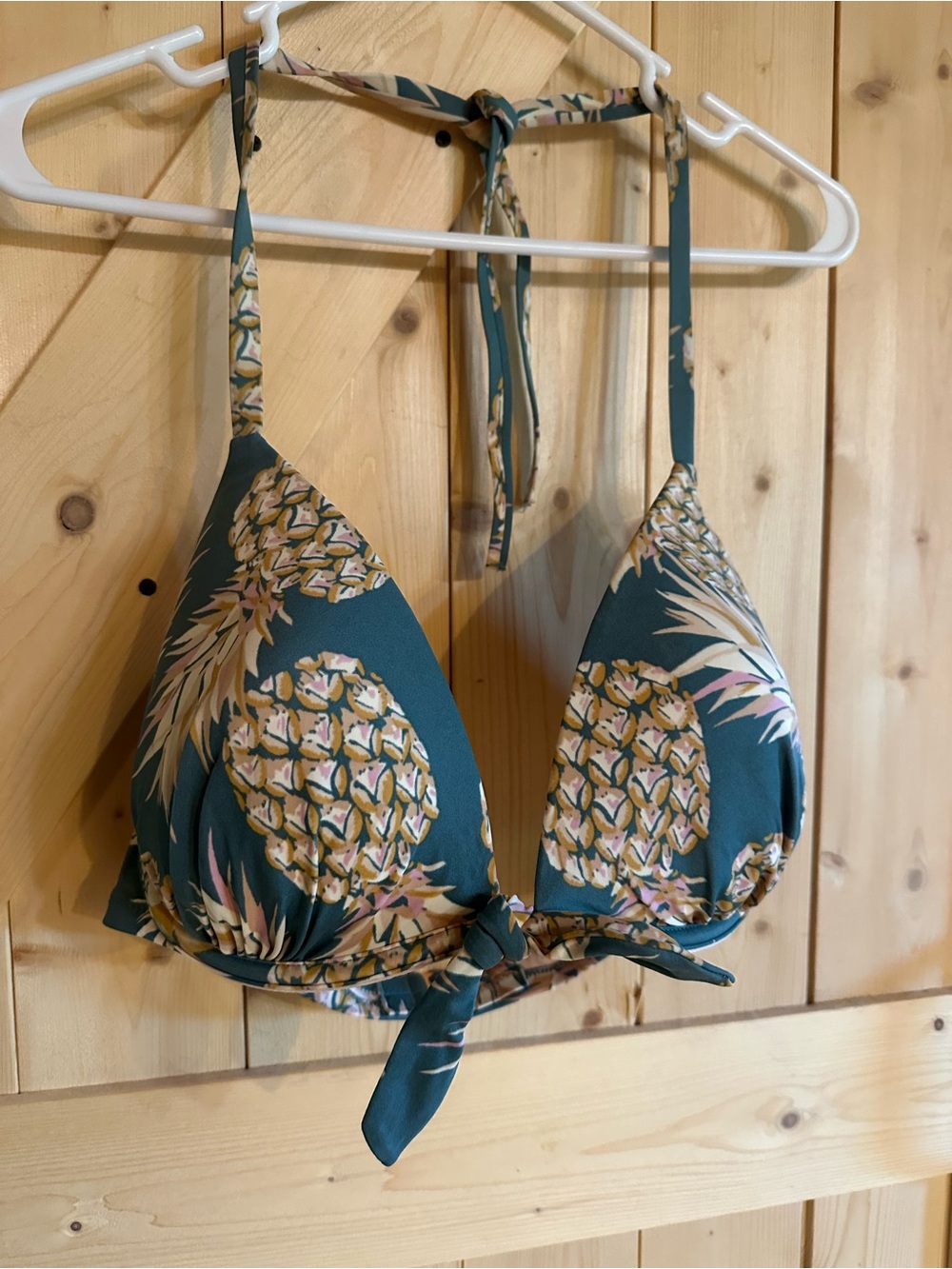 Pineapple Print Tie-Front Halter Bikini Top - Teal Green